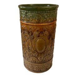 1920s Antique Weller Art Pottery Umbrella Stand In Green & Brown