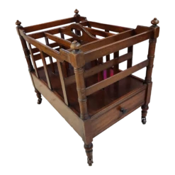 1930s Antique English Style Canterbury Mahogany Magazine Rack On Brass Casters