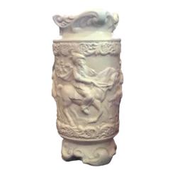 1940s White Glazed Ceramic Large Vessel, Vase Or Umbrella Stand With Romantic Scenes In Relief