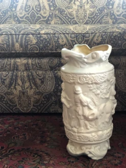 1940s White Glazed Ceramic Large Vessel, Vase Or Umbrella Stand With Romantic Scenes In Relief -CHAIRISH Shop 1940s white glazed ceramic large vessel vase or umbrella stand with romantic scenes in relief 9815