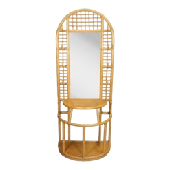 1960's, Sculpted Rattan Cane Mirror Hall Tree Coat Rack