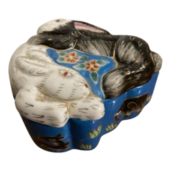 1960s Vintage Blue Two Rabbits Bunny Cat Elephant Trinket Ring Keepsake Box