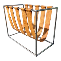 1970s Cognac Saddle Leather & Chrome Magazine Rack