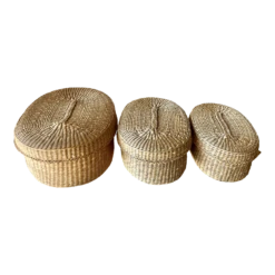 1970s Nesting Lidded Oblong Handwoven Grass Baskets - Set Of 3