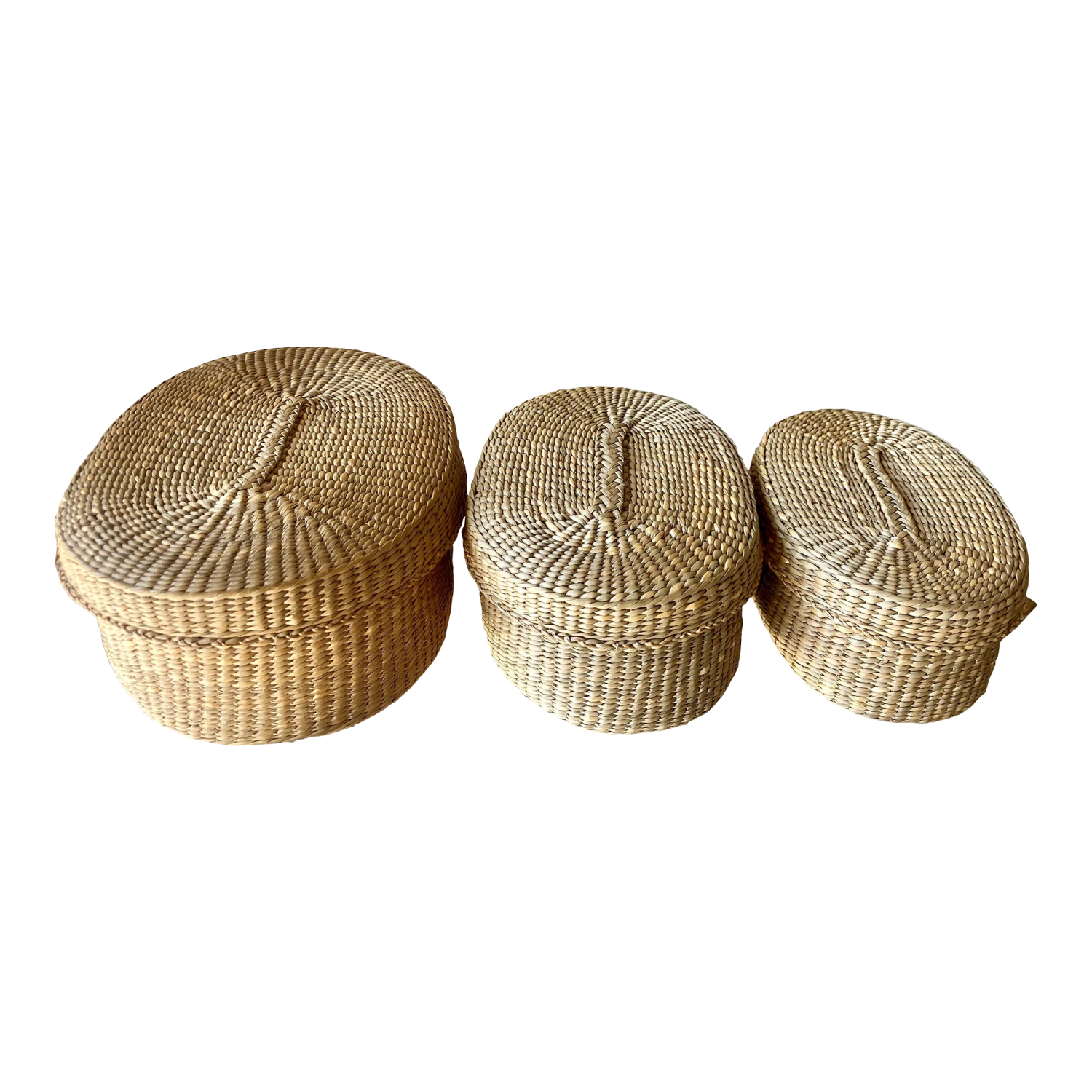 1970s Nesting Lidded Oblong Handwoven Grass Baskets - Set Of 3 3 1970s Nesting Lidded Oblong Handwoven Grass Baskets - Set Of 3