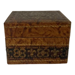 1970s Vintage Italian Tooled Leather Wooden 3 Deck Playing Card Box