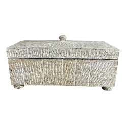 1990s Vintage Carved Wood Box With Lid Gray White & Black