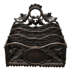 19th Century Antique German Or Swiss Black Forest Hand Carved 3 Section Foliate Canterbury With Handle