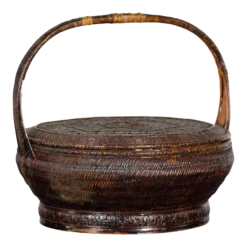 19th Century Chinese Qing Dynasty Handwoven Rattan & Bamboo Handled Basket