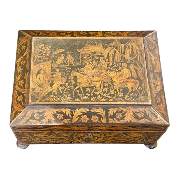 19th Century English Regency Penwork Double-Handled Jewelry Box - Chinoiserie 3 19th Century English Regency Penwork Double-Handled Jewelry Box - Chinoiserie