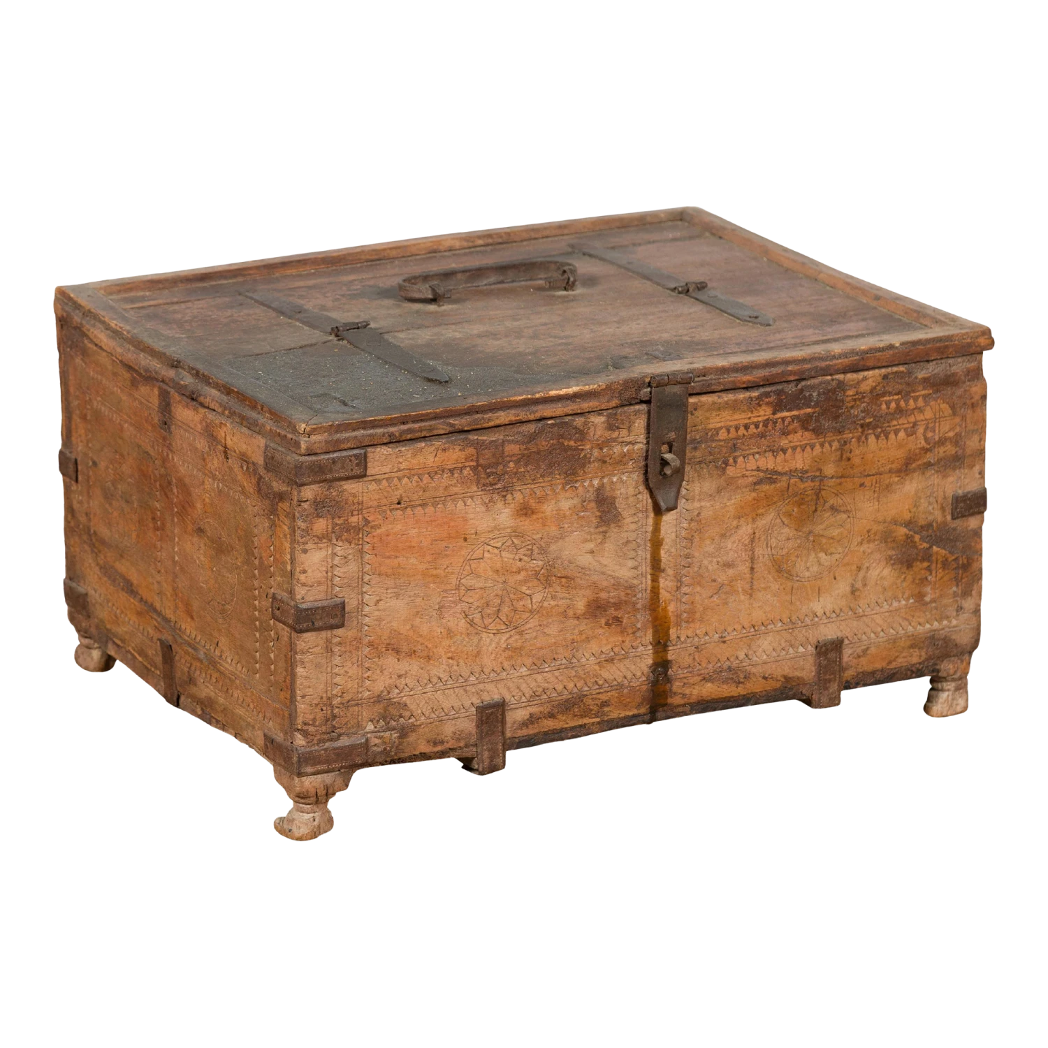 19th Century Rustic Indian Carved Rosette Small Foot Treasure Box 3 19th Century Rustic Indian Carved Rosette Small Foot Treasure Box