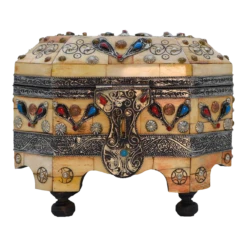 Antique Etched With Henna Bone Trinket Box With Enameled Turquoise