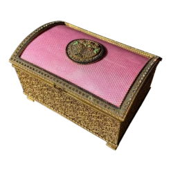 Antique French Pink Enamel Guilloche Dresser Box With Semi Precious Stones