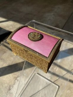 Antique French Pink Enamel Guilloche Dresser Box With Semi Precious Stones -CHAIRISH Shop antique french pink enamel guilloche dresser box with semi precious stones 2542