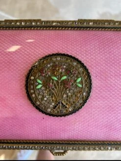 Antique French Pink Enamel Guilloche Dresser Box With Semi Precious Stones -CHAIRISH Shop antique french pink enamel guilloche dresser box with semi precious stones 6107