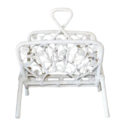 Bohemian White Rattan Magazine Rack - 1970s