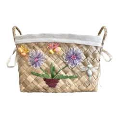 Circa 1980 Boho Chic Handwoven Coconut Leaf & Raffia Embroidered Basket