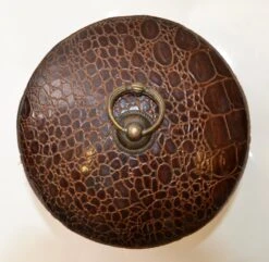 Early 20th Century Round Vintage Crocodile Embossed Leather Lidded Box -CHAIRISH Shop early 20th century round vintage crocodile embossed leather lidded box 1449