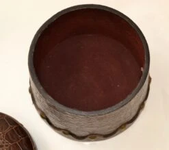 Early 20th Century Round Vintage Crocodile Embossed Leather Lidded Box -CHAIRISH Shop early 20th century round vintage crocodile embossed leather lidded box 9236