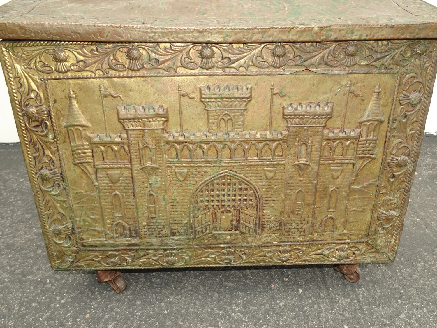 Embossed Repousse Chasing Fireside Firewood Box Or Storage Chest 11 Embossed Repousse Chasing Fireside Firewood Box Or Storage Chest - Image 9