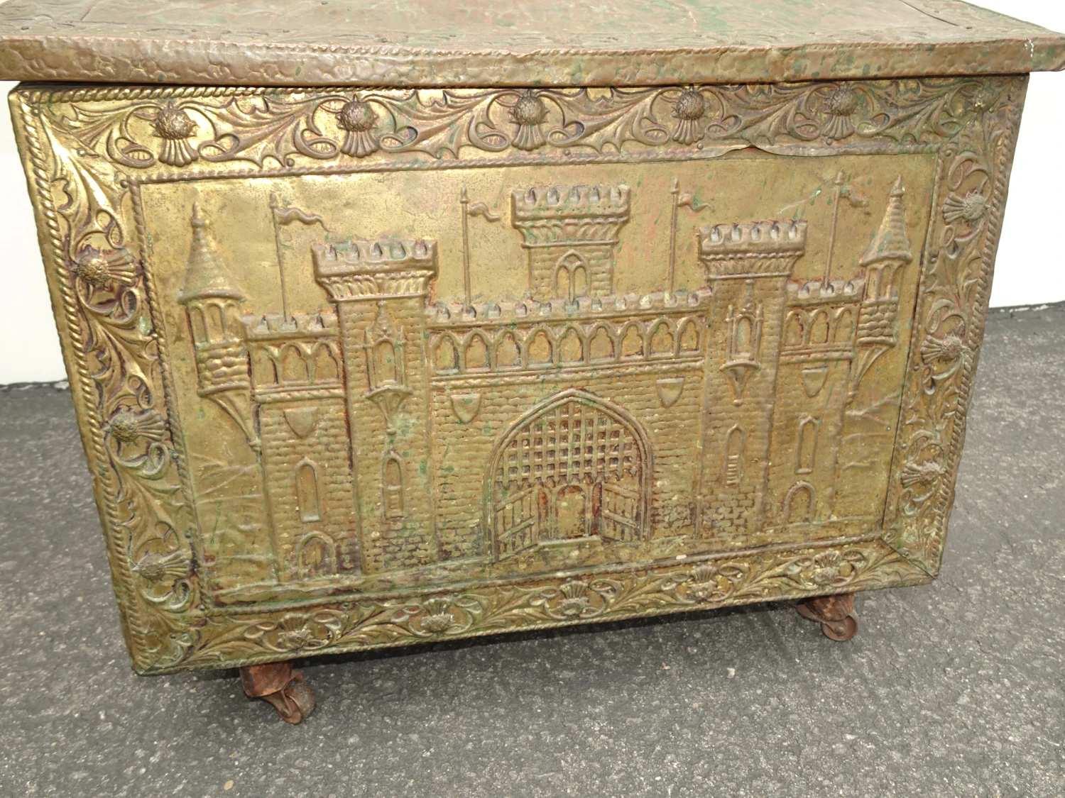 Embossed Repousse Chasing Fireside Firewood Box Or Storage Chest 7 Embossed Repousse Chasing Fireside Firewood Box Or Storage Chest - Image 5