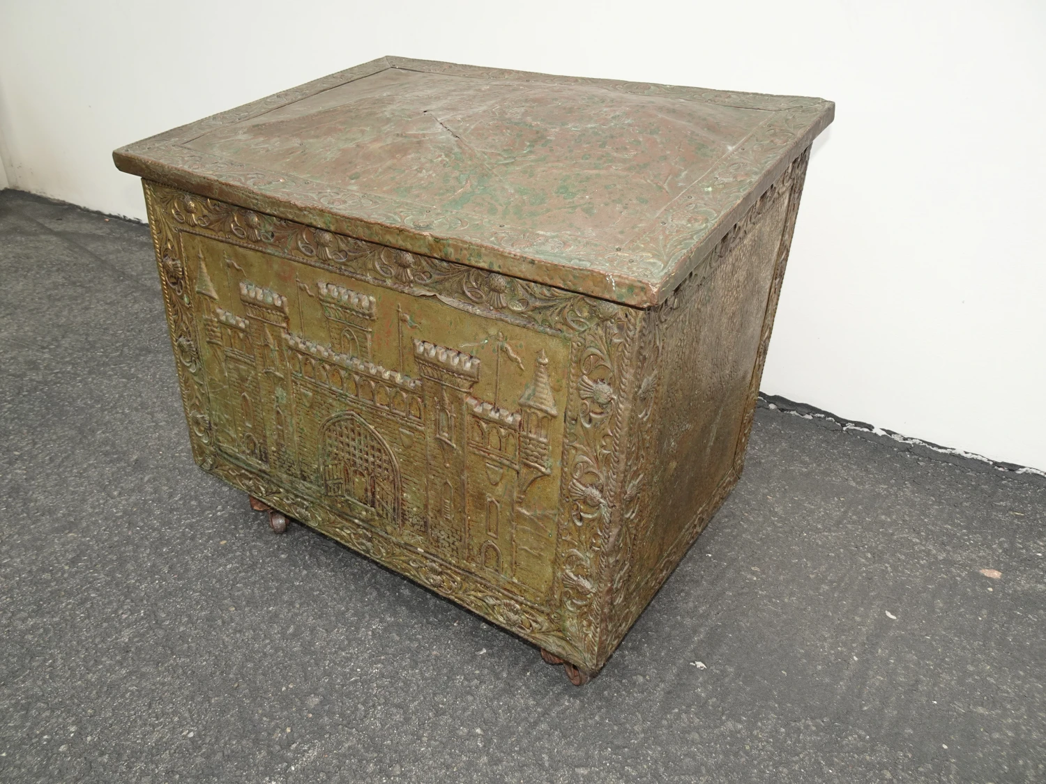 Embossed Repousse Chasing Fireside Firewood Box Or Storage Chest 4 Embossed Repousse Chasing Fireside Firewood Box Or Storage Chest - Image 2