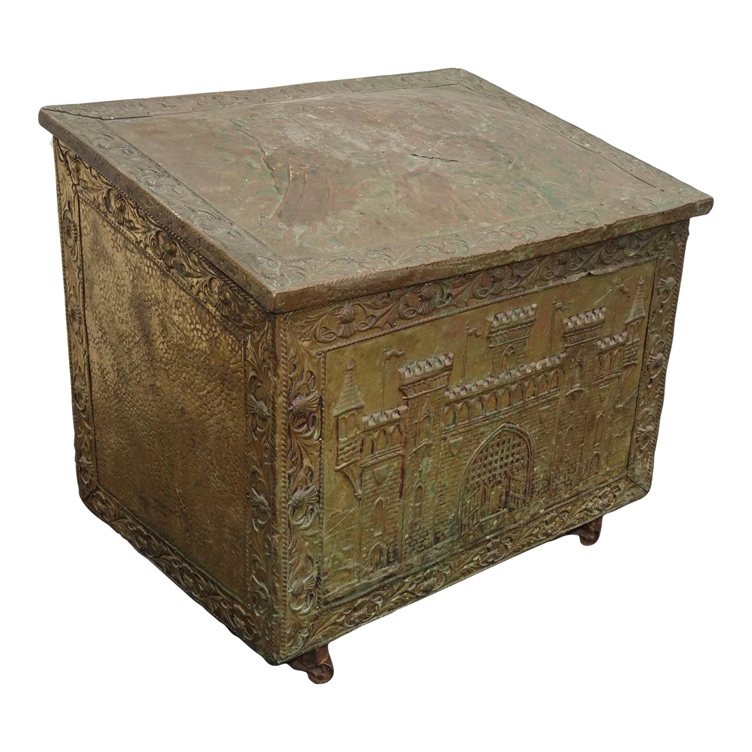 Embossed Repousse Chasing Fireside Firewood Box Or Storage Chest 3 Embossed Repousse Chasing Fireside Firewood Box Or Storage Chest