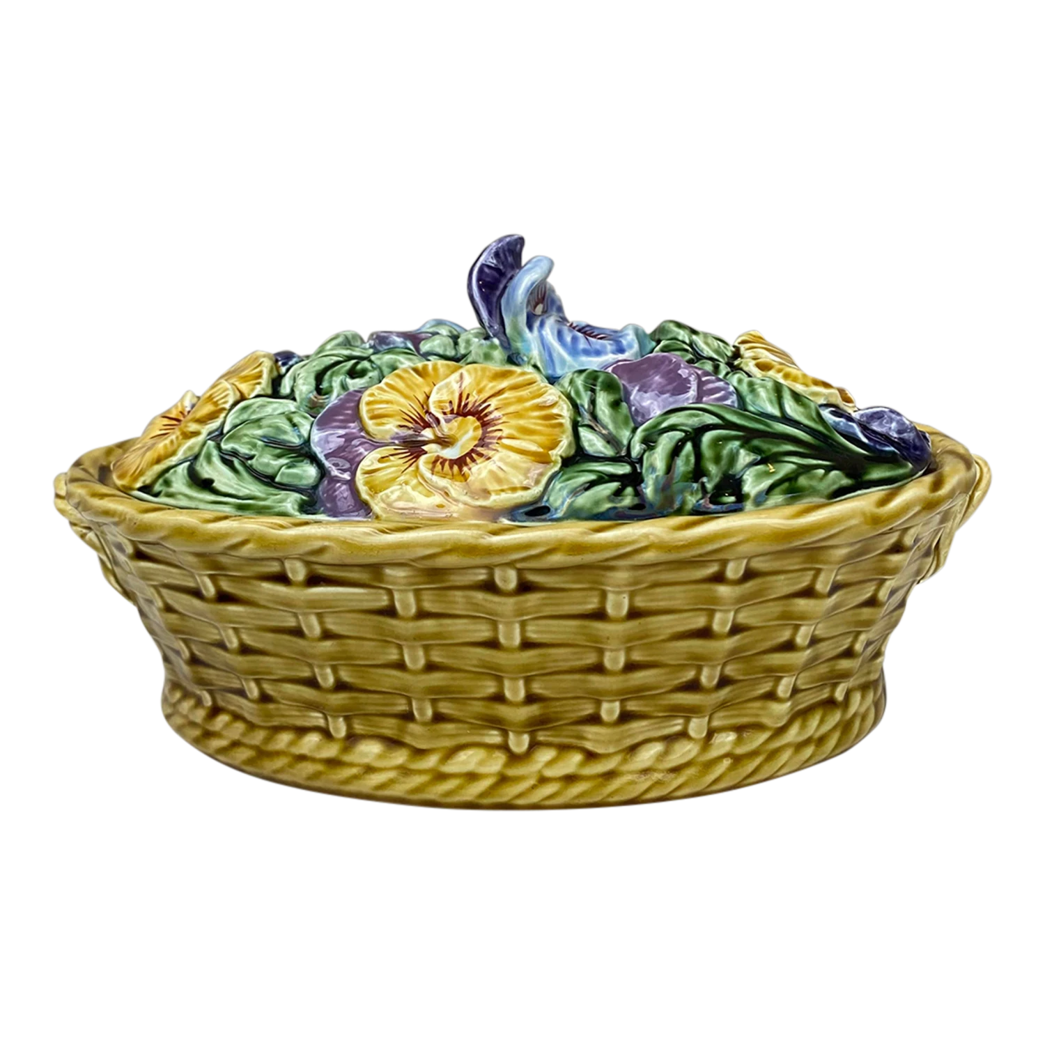 French Majolica Pansies Basket Sarreguemines, Circa 1920 3 French Majolica Pansies Basket Sarreguemines, Circa 1920