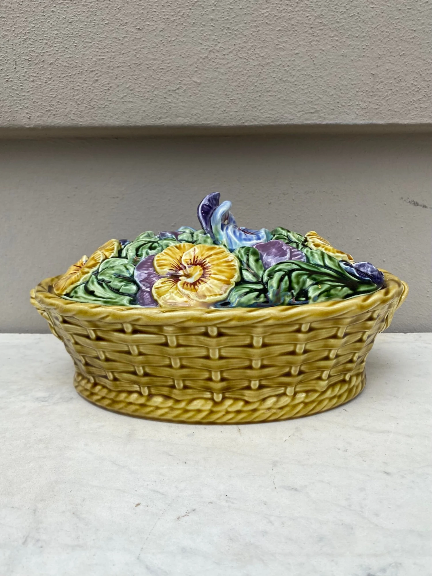 French Majolica Pansies Basket Sarreguemines, Circa 1920 8 French Majolica Pansies Basket Sarreguemines, Circa 1920 - Image 6