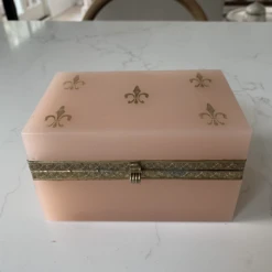 French Pale Pink Opaline Casket Box With Brass And Fleur De Lis Design -CHAIRISH Shop french pale pink opaline casket box with brass and fleur de lis design 1709