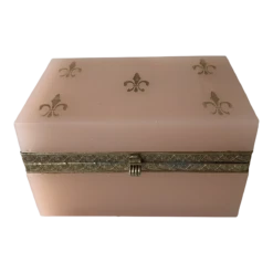 French Pale Pink Opaline Casket Box With Brass And Fleur De Lis Design