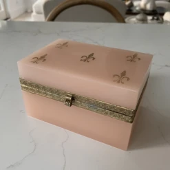 French Pale Pink Opaline Casket Box With Brass And Fleur De Lis Design -CHAIRISH Shop french pale pink opaline casket box with brass and fleur de lis design 6944