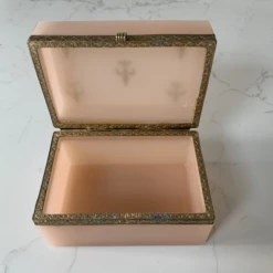 French Pale Pink Opaline Casket Box With Brass And Fleur De Lis Design -CHAIRISH Shop french pale pink opaline casket box with brass and fleur de lis design 9494