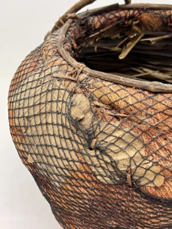 Handmade Natural Fiber And Leaf Basket Wrapped In Fish Net, 1970s -CHAIRISH Shop handmade natural fiber and leaf basket wrapped in fish net 1970s 2389