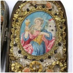 Italian Brass Cased Beaded Metallic Thread Portable Saint Relic Case -CHAIRISH Shop italian brass cased beaded metallic thread portable saint relic case 3122