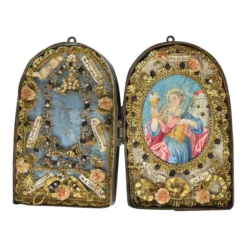 Italian Brass Cased Beaded Metallic Thread Portable Saint Relic Case