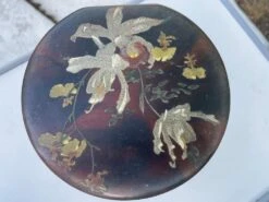 Japanese Cylindrical Box In Brown Lacquer Paint With Flower Decoration -CHAIRISH Shop japanese cylindrical box in brown lacquer paint with flower decoration 4124