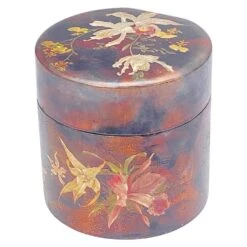 Japanese Cylindrical Box In Brown Lacquer Paint With Flower Decoration -CHAIRISH Shop japanese cylindrical box in brown lacquer paint with flower decoration 4447