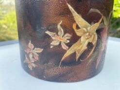 Japanese Cylindrical Box In Brown Lacquer Paint With Flower Decoration -CHAIRISH Shop japanese cylindrical box in brown lacquer paint with flower decoration 8046
