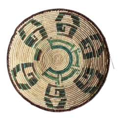 Large Round Green And Brown Woven Basket - Mexico