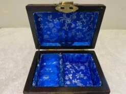 Late 19th Century Antique Chinese Jewelry Box, Dark Wood & Brass Carved Jade Inlay Silk Lining With Original Lock -CHAIRISH Shop late 19th century antique chinese jewelry box dark wood and brass carved jade inlay silk lining with original lock 3570