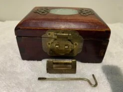 Late 19th Century Antique Chinese Jewelry Box, Dark Wood & Brass Carved Jade Inlay Silk Lining With Original Lock -CHAIRISH Shop late 19th century antique chinese jewelry box dark wood and brass carved jade inlay silk lining with original lock 4297