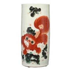 Late 19th Century Chinese Qing Foo Dog Porcelain Umbrella Holder In Iron Red
