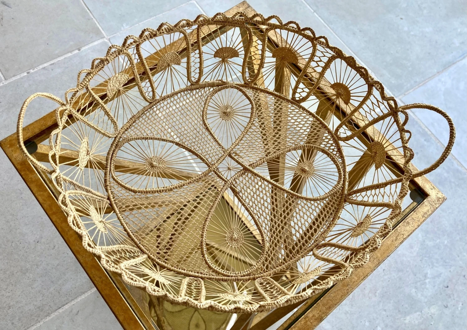 Late Mid-Century Handwoven Raffia “Teneriffe Lace” Basket 4 Late Mid-Century Handwoven Raffia “Teneriffe Lace” Basket - Image 2