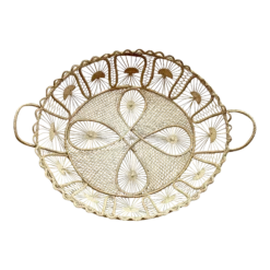 Late Mid-Century Handwoven Raffia “Teneriffe Lace” Basket