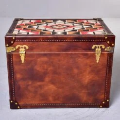 Leather Covered Trunk With Vintage Hardware And Kilim On Top Panel 17 Leather Covered Trunk With Vintage Hardware And Kilim On Top Panel -CHAIRISH Shop leather covered trunk with vintage hardware and kilim on top panel 2859