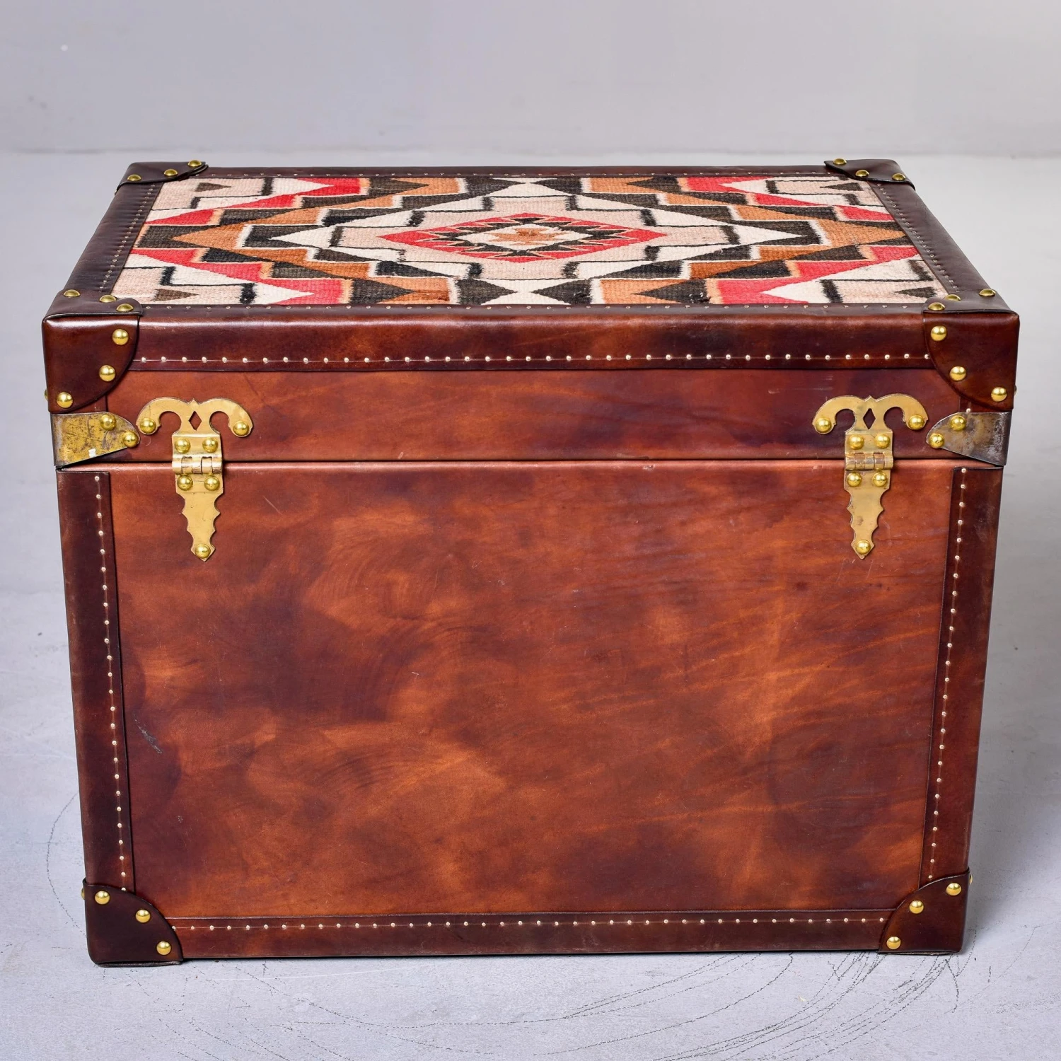 Leather Covered Trunk With Vintage Hardware And Kilim On Top Panel 8 Leather Covered Trunk With Vintage Hardware And Kilim On Top Panel - Image 6