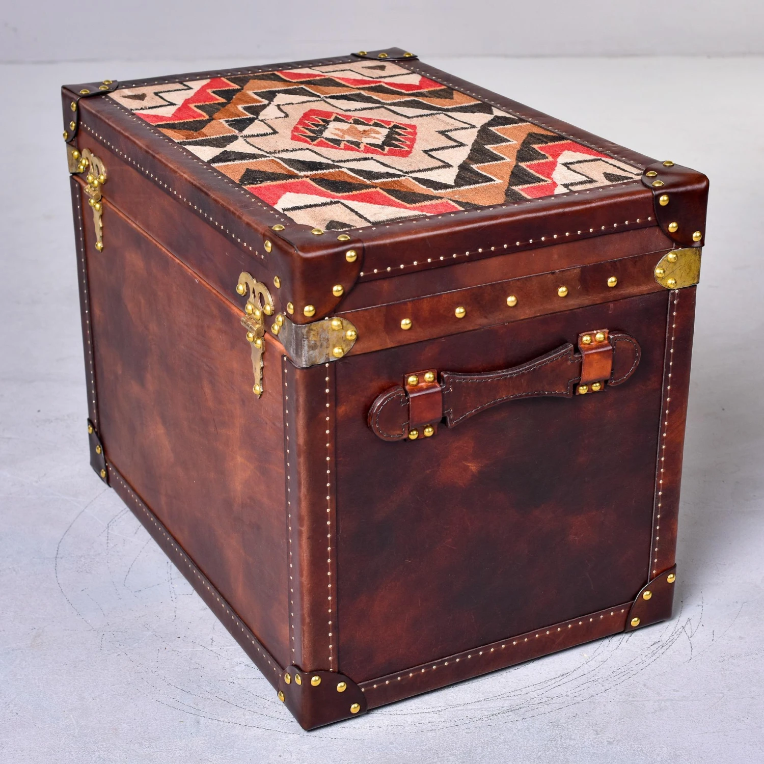 Leather Covered Trunk With Vintage Hardware And Kilim On Top Panel 6 Leather Covered Trunk With Vintage Hardware And Kilim On Top Panel - Image 4