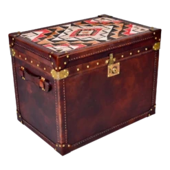 Leather Covered Trunk With Vintage Hardware And Kilim On Top Panel
