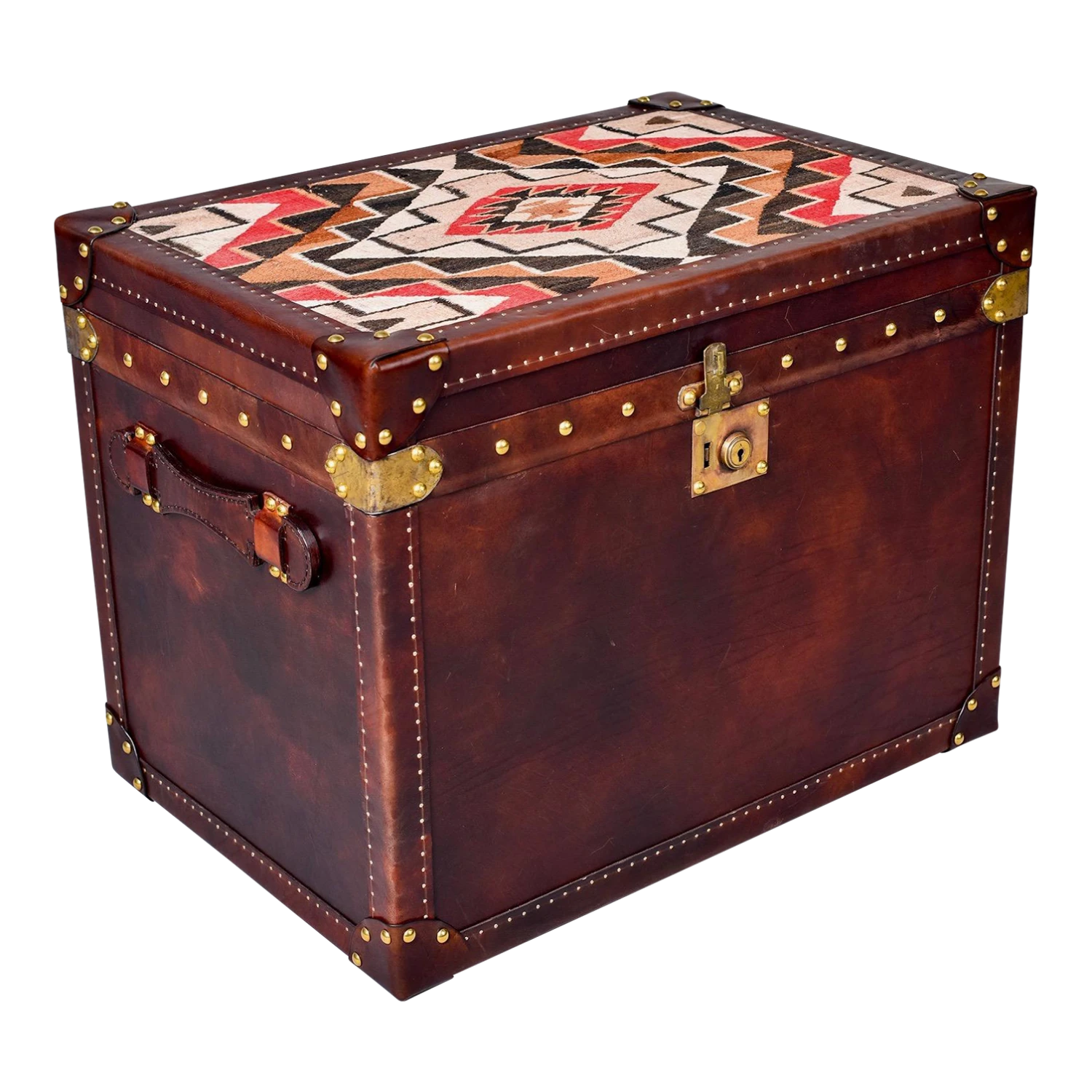 Leather Covered Trunk With Vintage Hardware And Kilim On Top Panel 3 Leather Covered Trunk With Vintage Hardware And Kilim On Top Panel